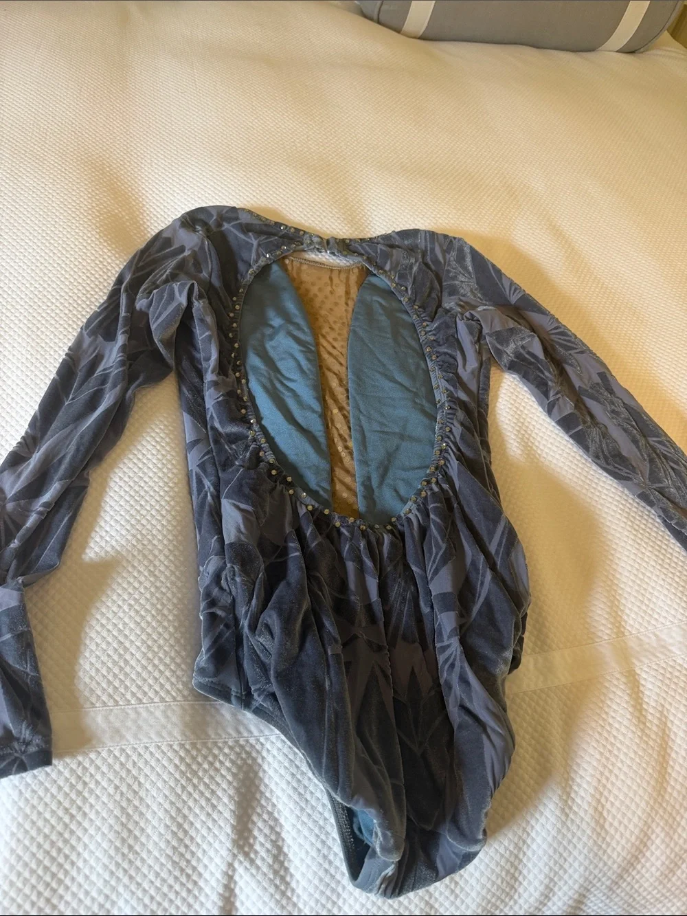 Kids Gray Blue Long-Sleeve Dance Leotard with Mesh Detail